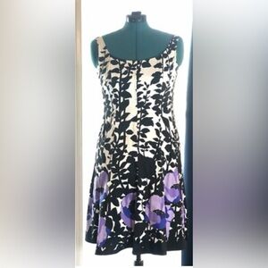 Nine West sleeveless a-line dress in white black & purple floral pattern